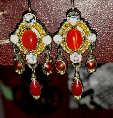 Art Deco Sterling Silver Marcasite And Carnelian Drop Earrings • $12