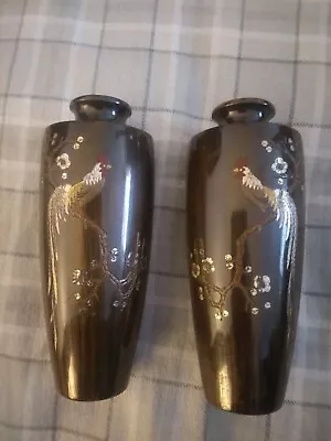 Pair Of Japanese Meiji  Bronze Mixed Metals Rooster Vases  • $500