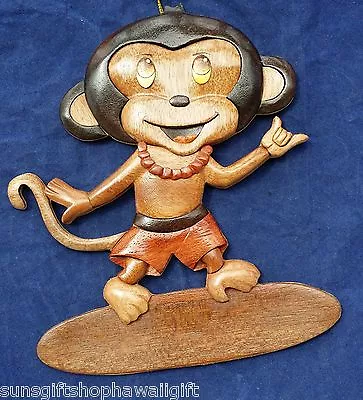 M Hawaiian Monkey Boy Hang Loose On Surf Board Handcrafted Wood Art Wall Hanging • $32