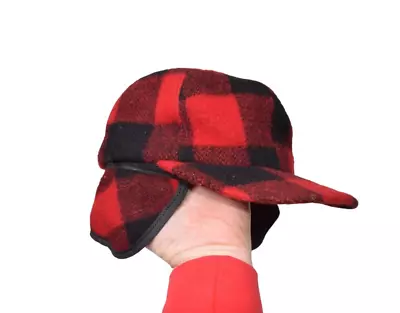 Vintage Hat Size L Red Buffalo Plaid Trapper Hunting USA Made Ear Flaps • $29.94