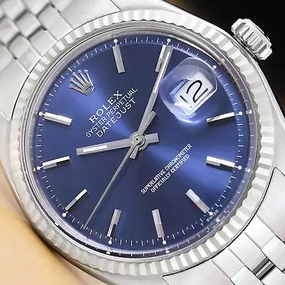 Rolex Mens Datejust Blue Dial Fluted Bezel 18k White Gold Stainless Steel Watch • $7541.42