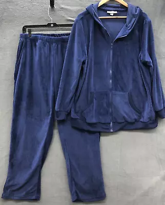 Woman Within Jogger Set Velour Size M 14/16 Blue Hooded Full Zip Pockets • $34.12