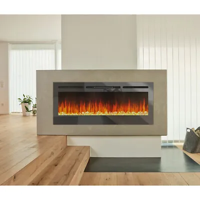 2023 Mirrored Electric 50'' Wall Mounted Fireplace Inset Into Fire 12 LED Color • £239.99