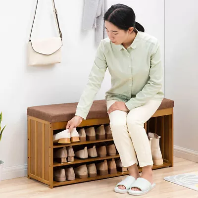 $89.95 • Buy Bamboo Hallway Cushion Shoe Rack Bench Cabinet Bed End Ottoman 2-3 Tier 100cm