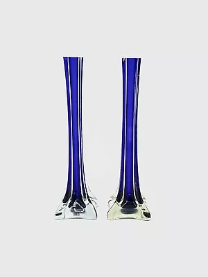 Vintage Tall Art Glass Vase Cobalt Blue Square Heavy Base 40cm Lot Of 2 • $48