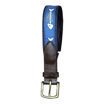 Vineyard Vines Fish Belt Mens 32 Blue Leather And Fabric B22 • $28