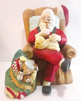 Vintage Midwest Imports Porcelain Santa & Cat In Chair Musical Joy To The World • $19.99