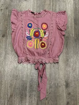 Mexican Embroidered Floral Blouse Tan Pink Size S • $24.99