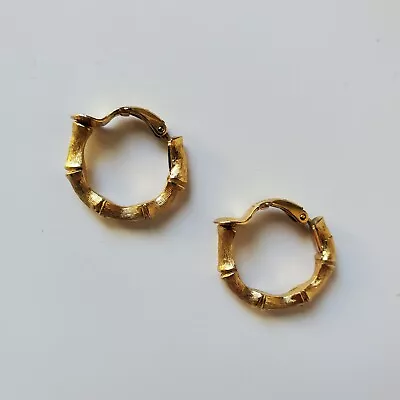 Vintage Crown Trifari Gold Tone Bamboo Shape Clip-on Hoop Earrings Hoops Signed  • $16.95