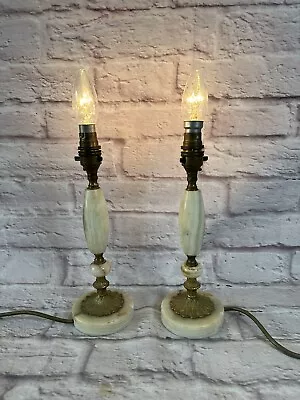 Vintage Table Lamp Base Onyx Brass Effect Marble Red Stone Jade Green. Pair • $52.92