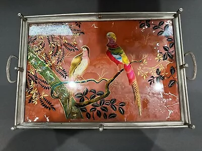 Vtg Exotic Birds Mother Of Pearl Metal Handles Tray • $40