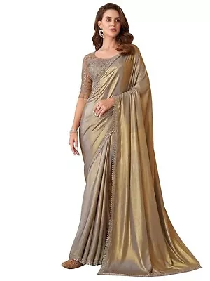 Golden Self Woven Lace Saree Bollywood Party Wear Designer Wedding Sari 18 • £93.84