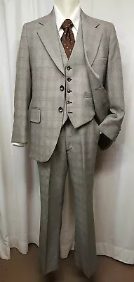 CENTURY CLUB Vintage 70s 3 Piece Suit W/Reversible Vest 40 Brown Plaid • $99