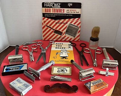 VTG Barber Shop Shaving/Grooming Items ~ Razors/Blades/Brush/Scissors/Comb/Pin • $34.99