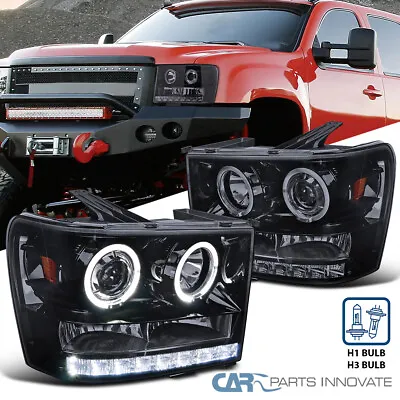 Glossy Black For GMC 07-14 Sierra Pickup Smoke SMD LED Halo Projector Headlights • $143.06