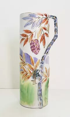 Vintage Hand Painted Porcelain Tubular Scenic Vase Gold Accents Bamboo Handle • $26.99