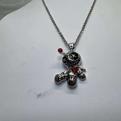 Voodoo Doll Pendant Necklace Goth Witchcraft Halloween Silver Red  • $18.99