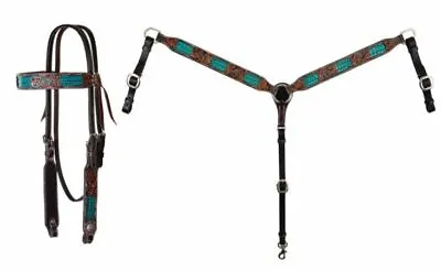 Circle Y Turq Faux Gator Inlaid Tack Headstalls Breast Collar Noseband -T00V   • $109.95