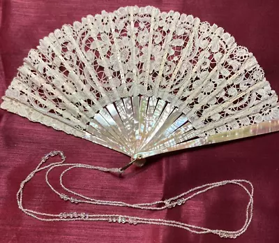 Antique Mother Of Pearl & Lace Detailed Fan Made For Tiffany • $750