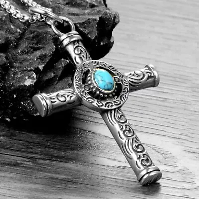 Vintage Turquoise Celtic Cross Pendant Necklace Religious Jewelry For Men Women • $11.99