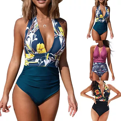 Women Summer Padded Monokini Bikini Swimsuit Halterneck Beach One Piece Backless • £17.49