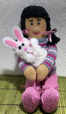 Handmade Soft Plush Rag Doll Black Hair Holding Handmade Rabbit Mini Plush 14  • $20