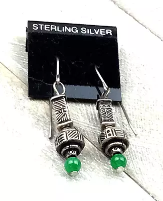 Vintage Sterling Earrings Tested Silver Bali Look Green Onyx Gemstone NO OFFERS • $10