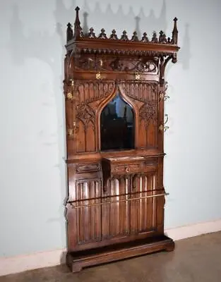 Antique French Gothic Hall Tree/Hall Stand/Coat/Hat Rack In Solid Walnut Wood • $3550