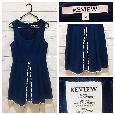 REVIEW Dress Size 12 Navy Blue With White Embroidered Detail Pleated • $35