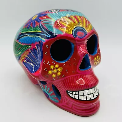 VTG Red Mexican Hand Painted Ceramic Ornate Floral Birds Sugar Skull Day Of Dead • $26.95