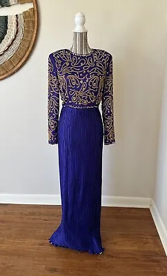 Vintage 80s George F Couture Beaded￼ Purple Evening Gown Dress Pleating Size 6 • $99