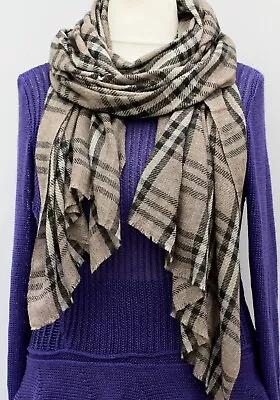 WOMEN'S MEN'S CHARCOAL/BEIGE TARTAN CASHMERE HAND MADE LARGE SCARF 216 X 68cm • £49