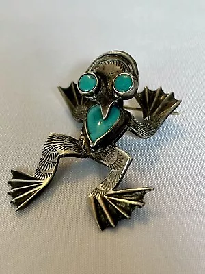 Vintage Handmade Navajo Sterling & Turquoise Frog Pin Brooch • $37