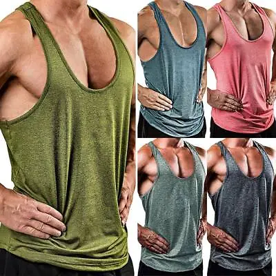 Mens Gym Vest Racerback Bodybuilding Stringer Plain Tank Fitness Active Wear Top • £14.39