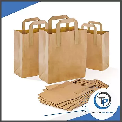Paper Carrier Bags SOS Food Takeaway Brown Kraft With Flat Handle | Three Sizes • £4.99
