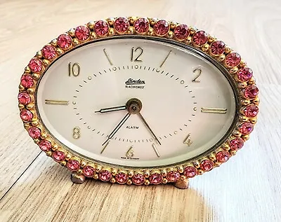 Vintage Pink Gemstone Jeweled Linden Travel Alarm Clock • $49