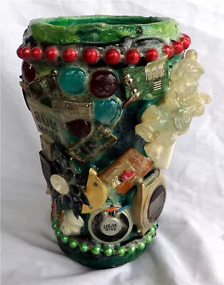 COLLAGE SCULPTURE MOSAIC VASE Mixed Media Memory Jug Art From Vintage Coke Glass • $60