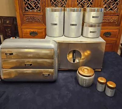 9Pc Set MCM 1950 Chrome/Copper Breadbox~Canister~Foil/Wax Holder~Salt/Pep~Grease • $260