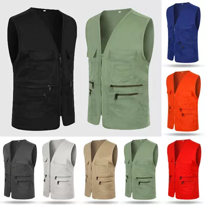 Men Utility Cargo Vest Sleeveless Multi Pocket Fishing Hunting Outdoor Waistcoat • $16.51