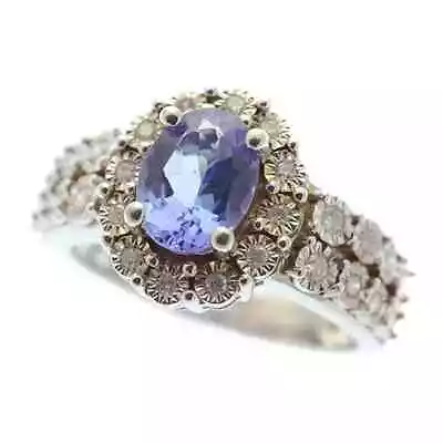 Genuine Tanzanite Diamond Halo Ring 14K White Gold • £674.14