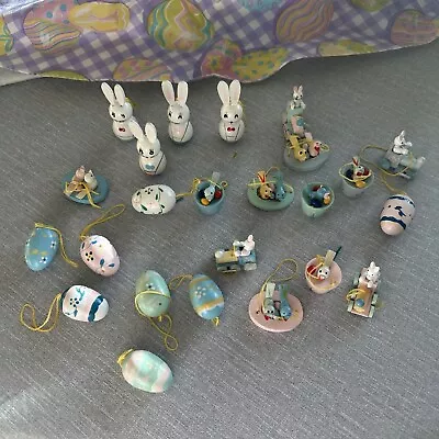 24 Vintage Easter Tree Mini Ornaments Bunnies Eggs Birds Painted Wooden • $10