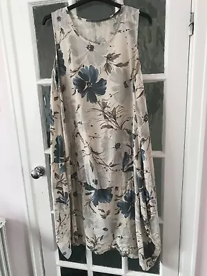 Ladies Dress LAGENLOOK Fawn Coffee & Blue Floral Slvless Calf Lngth Sz/16/18/20 • £10