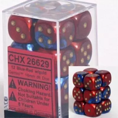 Chessex Dice D6 Sets Gemini Blue & Red W/ Gold 16mm Six Sided Die 12 CHX 26629 • $9.39