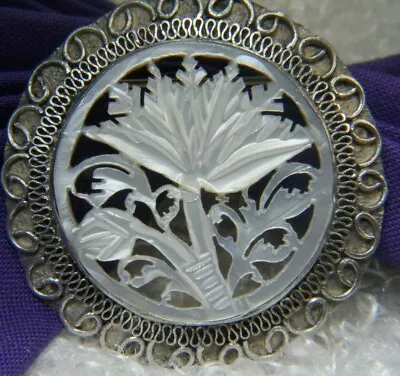 Vintage Mother Of Pearl Flower 1 5/8  Rd 0.925 Sterling Silver BROOCH PIN Broach • $156.95