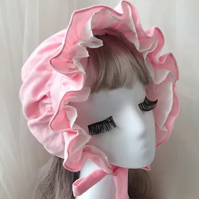 Women Retro Lolita Hat Ruffled Bonnet Cap Cute Victorian Medieval Lace Up Sweet  • $36.29