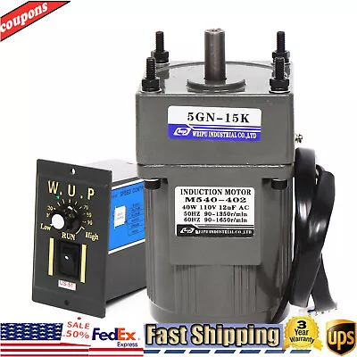 AC Gear Motor Electric Motor Variable Speed Controller 1:15 90 RPM 110V 40W  • $59
