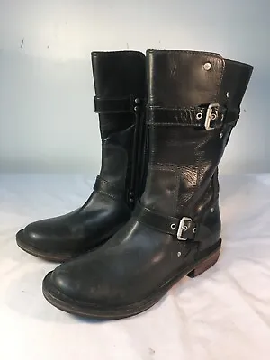 ✅ UGG Gillespie Riding Boots Women's Black Leather Moto Style Buckles - US 5.5 • $32.99