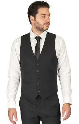 Black Micro Textured Dress Suit Vest 5 Button V Neck Adjustable Back Strap AZAR • $28.95