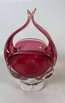 Vintage Cranberry & Clear Art Glass Sculptural Handled Bowl/Dish/Basket/Vase • $9.99