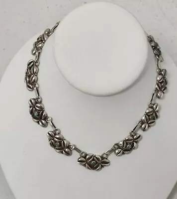Vintage Sterling Silver Mexico Floral Design Choker Necklace With Turquoise • $36